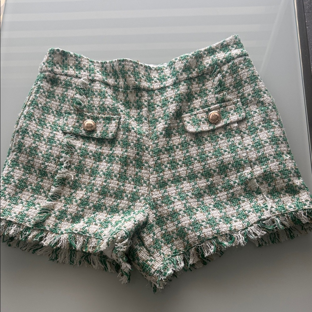 Walter Baker High Waist Tweed Shorts in Green and White